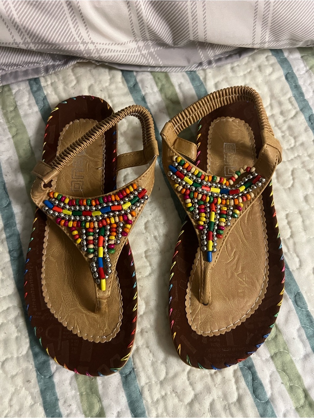 Beaded Tan Leather Thong Sandals